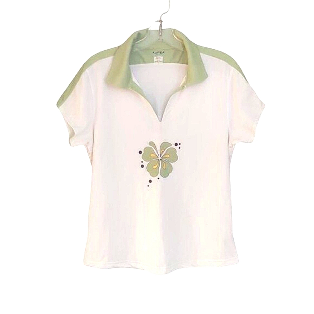 AUREA Dri-Max | White and Green Golf Shirt Hibiscus Flower | Women's Large